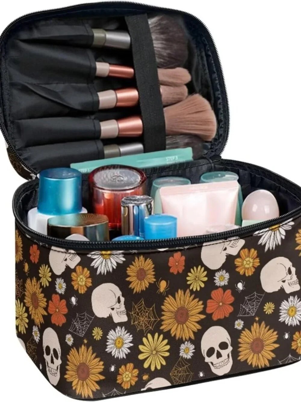 Gothic Floral Skull Makeup Bag - Large Capacity Travel Cosmetic Tote with Zipper